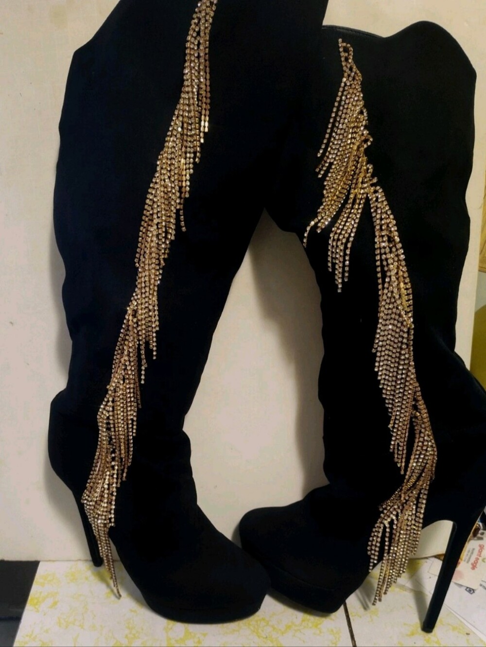 Shoedazzle Black Suede Knee High Boots With Rhinestone Fringe Size 10